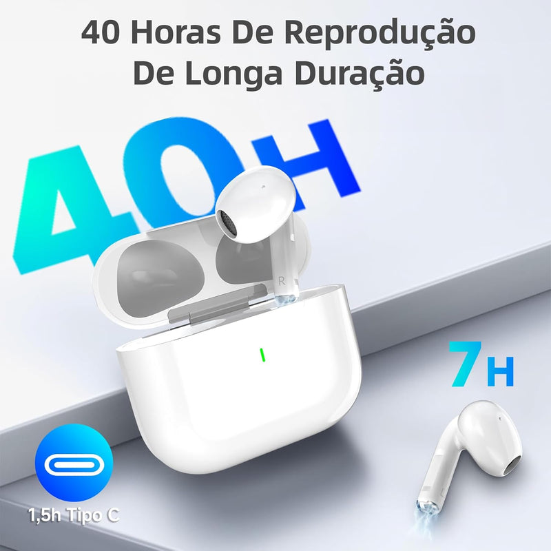 Fone De Ouvido Sem Fio Bluetooth 5.3 Compatível iPhone Android Com Microfone e Redução de Ruído Wireless Academia Corrida Musicas Graves Potentes Controle Touch,À Prova D'água HiFi Branco