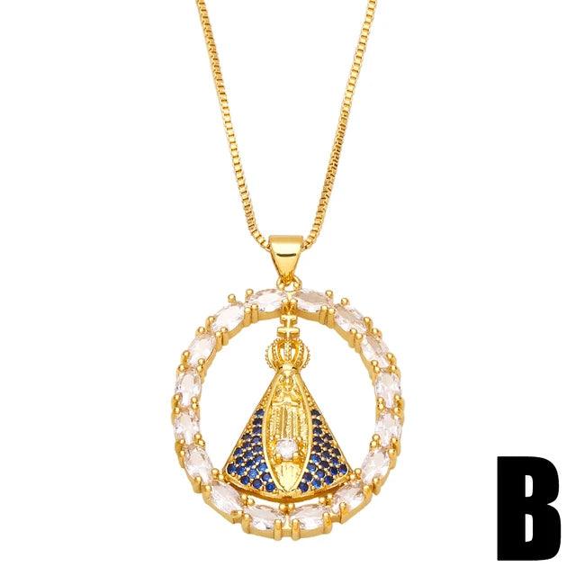 Colar Feminino Nossa Senhora Aparecida Banhado a Ouro 18k + Pedras de Zircônia (Dupla Face)